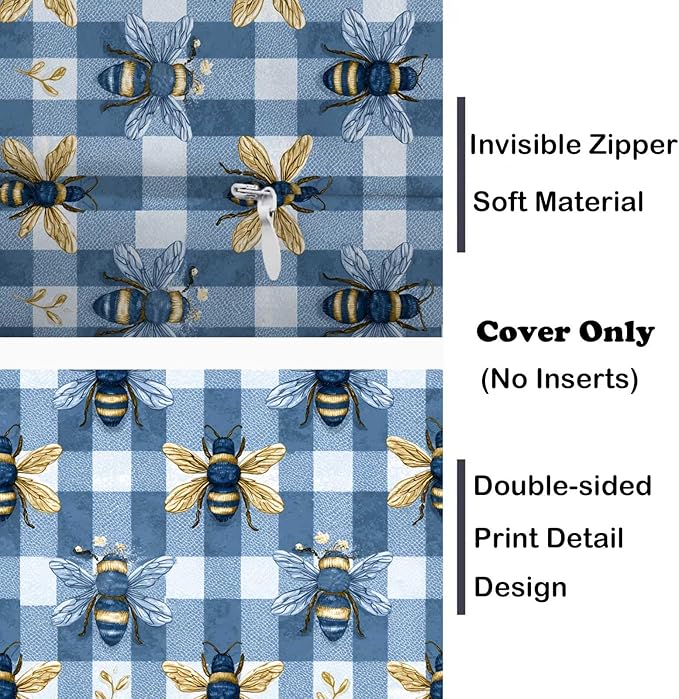 Farmhouse Bee Throw Pillow Covers 18x18 Set of 2 | Blue Gingham Rustic Cushion Covers | Vintage Honey Bee Decorative Pillow Cases for Couch, Sofa, Living Room and Bedroom