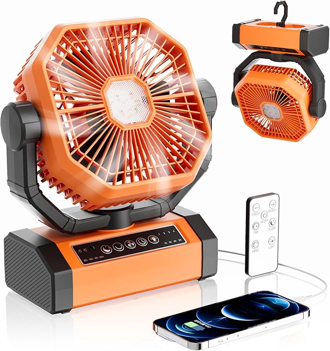 MORIKO 20000mAh LED Light Fan, Rechargeable Battery Operated with Remote & Hook, 270 Pivot, 4 Speeds, Portable Outdoor Fan for Tent, Beach, BBQ, Jobsites