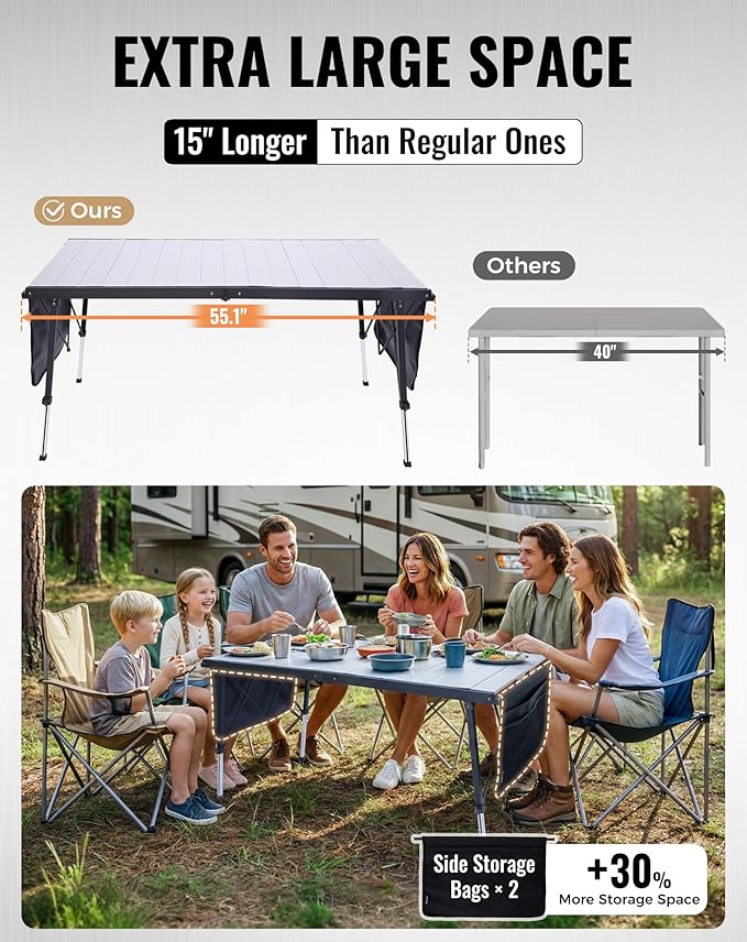 KingCamp Folding Camping Table Foldable, 55.1" x27.6" Aluminum Roll Up Table with Adjustable Height 6-7 Person Large Camp Tables Outdoor with Carrying Bag for BBQ, Patio, Picnic Loads 265 Lbs
