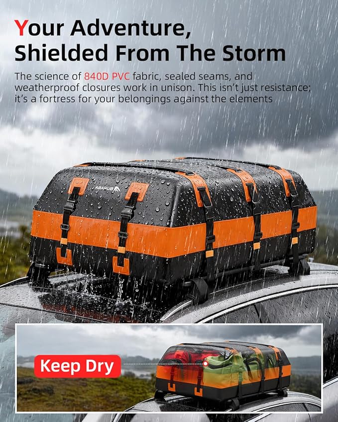 Abahub 30 Cubic Feet Waterproof 840D Large Universal Car Cargo Roof Top Carrier Bag, Car Roof Topper Storage for SUV, Van, Vehicle Travel, for All Cars with/Without Rack