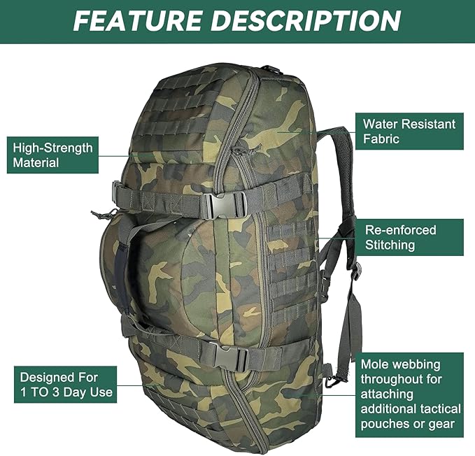 Hannibal Tactical 65L Large Duffle Bag, 3-in-1 Tactical Backpack MOLLE Pack for Sports, Gym, Outdoor, Woodland