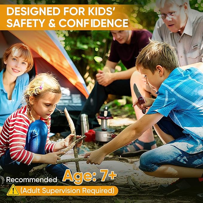Kids Pocket Knife with Camping Survival Kit, Whistle, Fire Starter, Compass, Carabiners and Carrying Case, Easy Close Safety Lock on Knife. Outdoor Exploration Set for Kids
