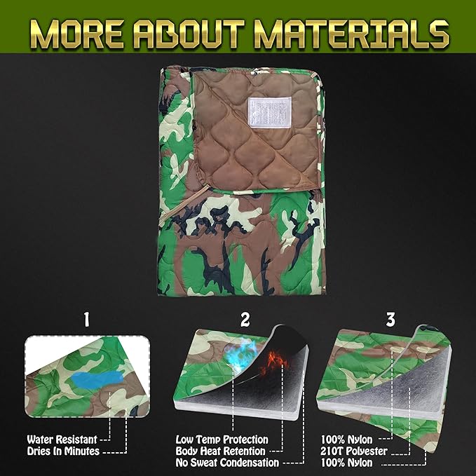 Lenotos Woobie Blanket, Thermal Insulated Military Poncho Liner, Water-Resistant, Portable, Insulation, for Hiking, Survival with Compression Carry Bag (Forest)
