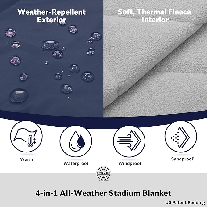 STOVER Large Waterproof Outdoor Stadium Blanket- Extra Thick Soft Fleece Camping Blanket for Travel, Picnics, Sports, Dogs 79"x55", Warm, Windproof, Sand-Proof, Lightweight, Packable (Alpine Blue)