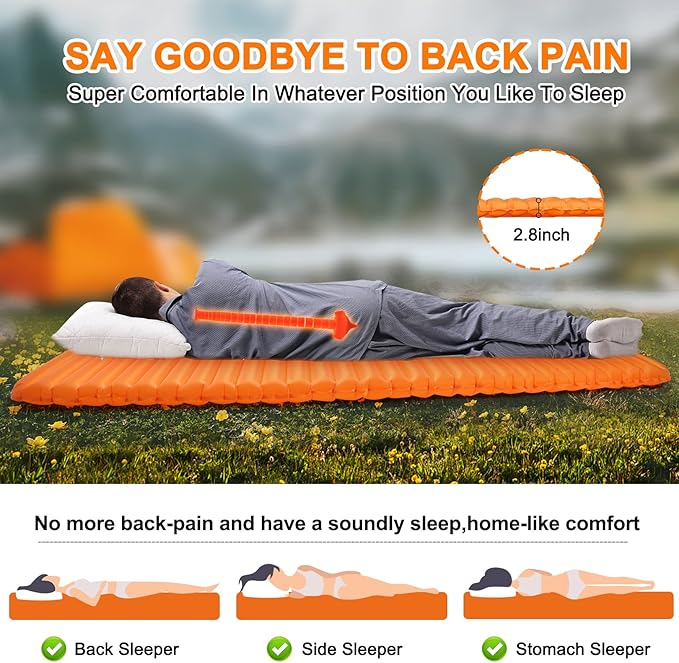 Camping Sleeping Pad, Ultralight Waterproof Inflatable Sleeping Mat with Inflation Bag, Lightweight Portable Compact Air Mattress for Outdoor Backpacking Hiking Traveling Tent Use (Single, Orange)