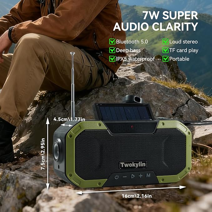 Emergency Radio Waterproof Bluetooth Speaker,Hand-Crank NOAA Weather Radio with Solar Panel,5000mAH Cell Phone Charger,Flashlight,SOS,Outdoor Camping Gear Camping