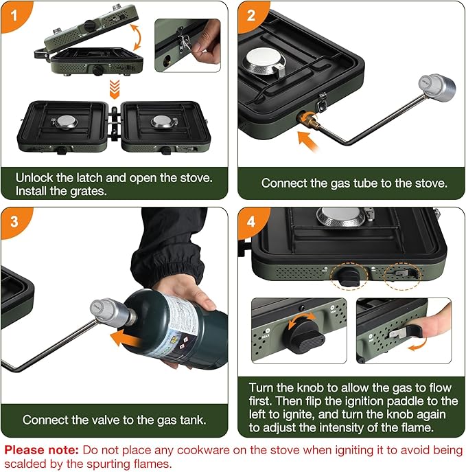 2 Burner Camping Stove with Windscreen, 12 Plates Foldable Portable Aluminum Camping Stove Windshield, Folding Gas Stove with 17200 BTU Adjustable Burners, Suitable for Propane & Butane