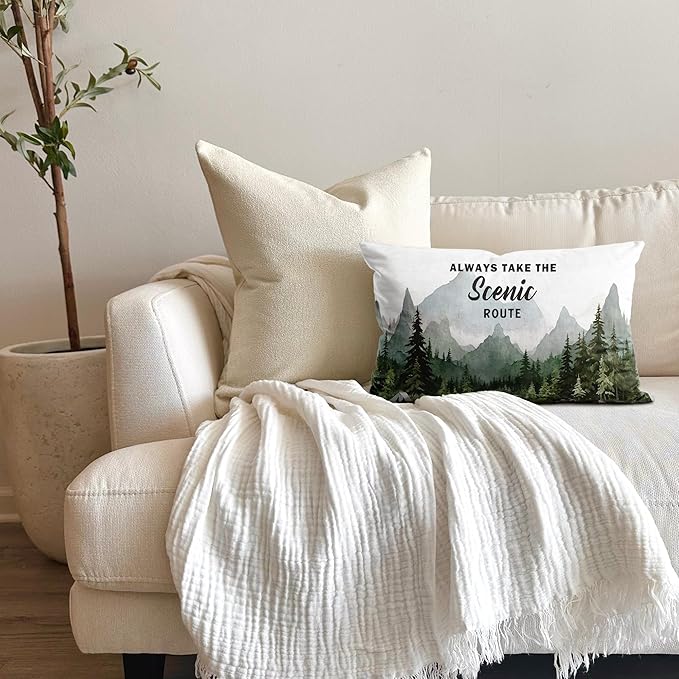 Camping Forest Mountain Pillow Cover 12x20, Take The Scenic Route Decorative Camping Pillow Case, Nature Camper RV Cushion Cover for Couch Sofa,Adventure Gifts for Camper Lovers