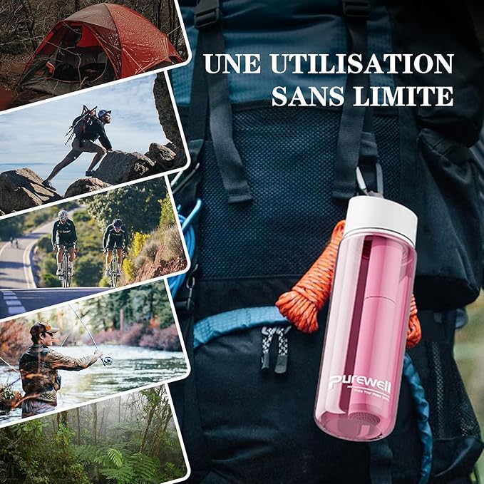Purewell Filtered Water Bottle BPA Free with 5-Stage Integrated Filter Straw for Camping, Hiking, Backpacking and Travel (Pink)