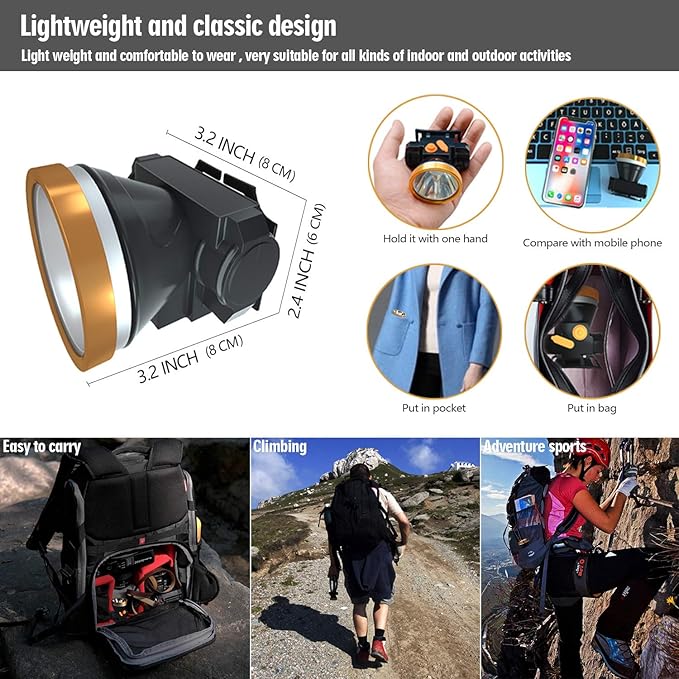 ODEAR Rechargeable Headlamp, Super Bright LED Head Lamp Flashlight Waterproof Headlight with Built in Battery for Outdoor Camping Fishing Hiking Running Right Ride