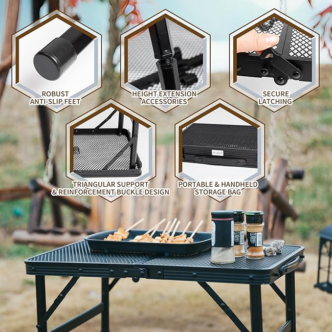 HPC Decor Folding Grill Table-Camping Table with Mesh Desktop,Portable Picnic Table with Carry Handle,27/56cm Height Adjustable Metal Table-Outdoor Grill Table,Folding Table for Outside Inside Use.