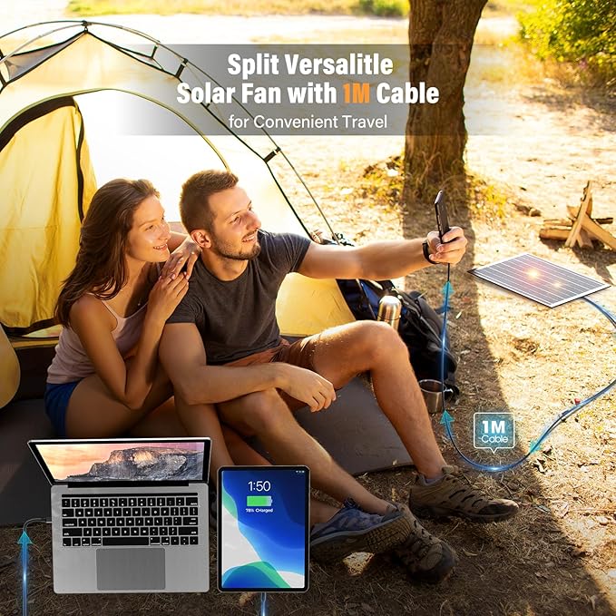 JINLICTE 10400mAh Solar Fan with LED Lantern, Camping Fan with 7W Solar Panel, Rechargeable Solar Powered for Outside, Quiet Battery Operated Tent for Picnic, Barbecue, Fishing, Travel