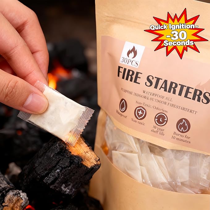 (30 Pcs/Bag) Waterproof Fire Starters for Campfires & Fireplace -Quick Light Charcoal Starter Squares, Odorless Fire Starter for Wood Stove, Grill, BBQ & Non-Toxic - Burns 10 Min