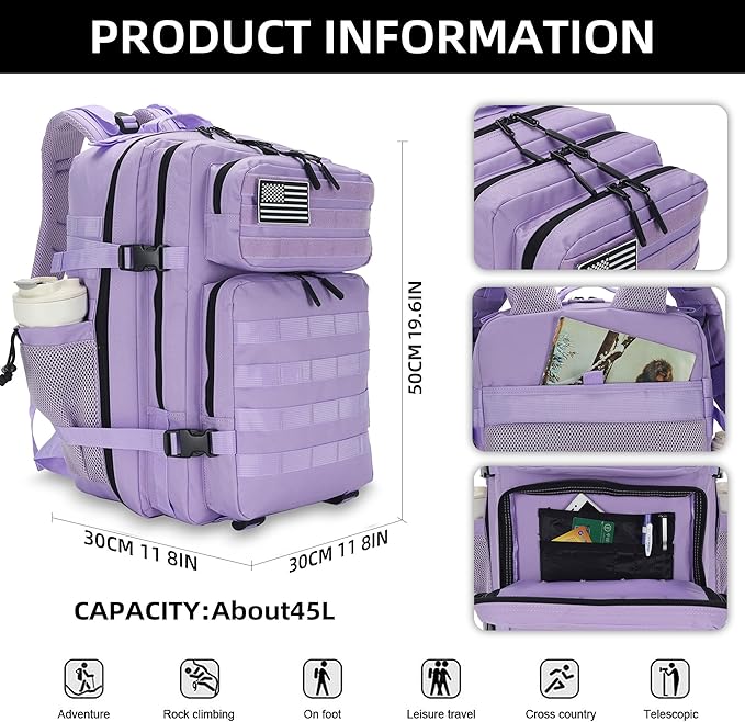 Lovelinks21 45L Tactical Assault Backpack 3 Day Assault Pack with MOLLE Waterproof Rucksack for Tactical Backpacks (Light Purple)