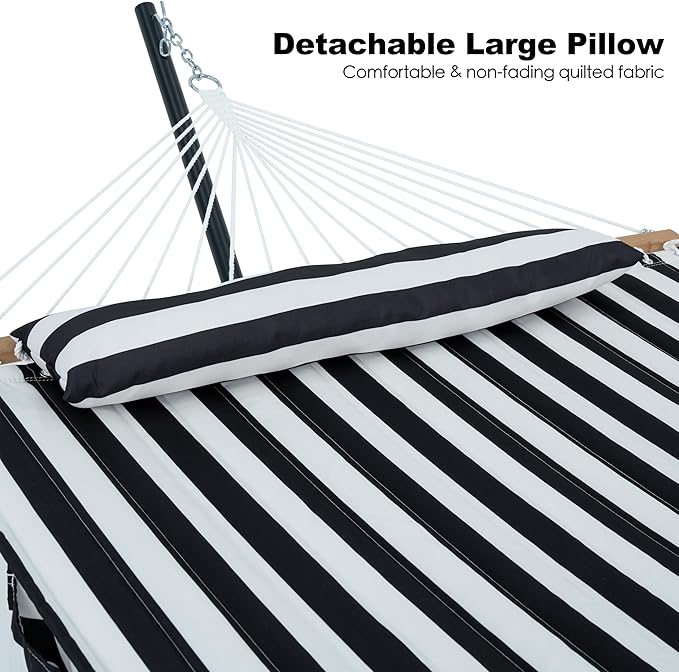 GAFETE 2 Person Hammock with Stand for Outside, Heavy Duty Steel Stand, Double 55inch Hammocks, Large Removable Pillow, Storage Bags, Max 475 lbs Capacity (Stripe Black-White)