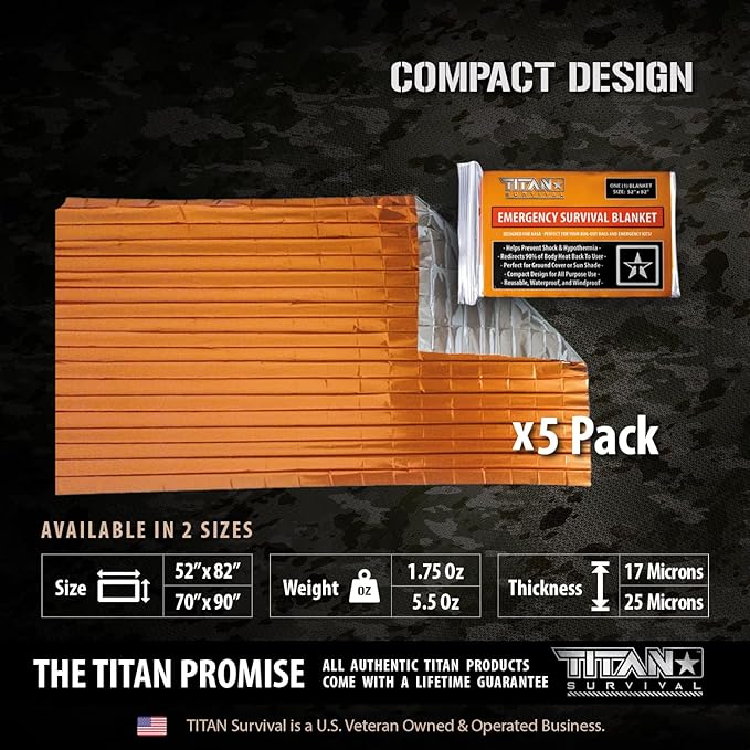 TITAN Survival Premium Mylar Survival Blankets (5 Pack) Thermal Emergency Survival Blanket for Camping, Hunting, Hiking - 90% Heat Retention & Waterproof - Portable Space Blanket w/Size Options