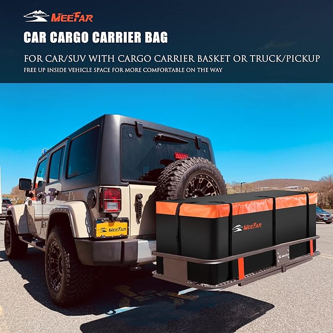 MeeFar Hitch Mount Cargo Carrier Bag Soft Shell 100% Waterproof 16 Cubic Feet (58" 24" 19") Include 8 Reinforced Straps for Truck Pickup All Vehicle with Steel Cargo Basket