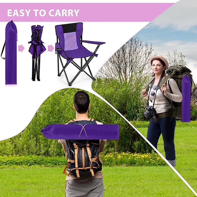Shellwei 2 PCS Folding Camping Chair with Cupholder and Carry Bag Regular Size Colorful Breathable Portable Lightweight Lawn Chair with Side Pocket for Fishing Hiking Beach Outdoor Activity