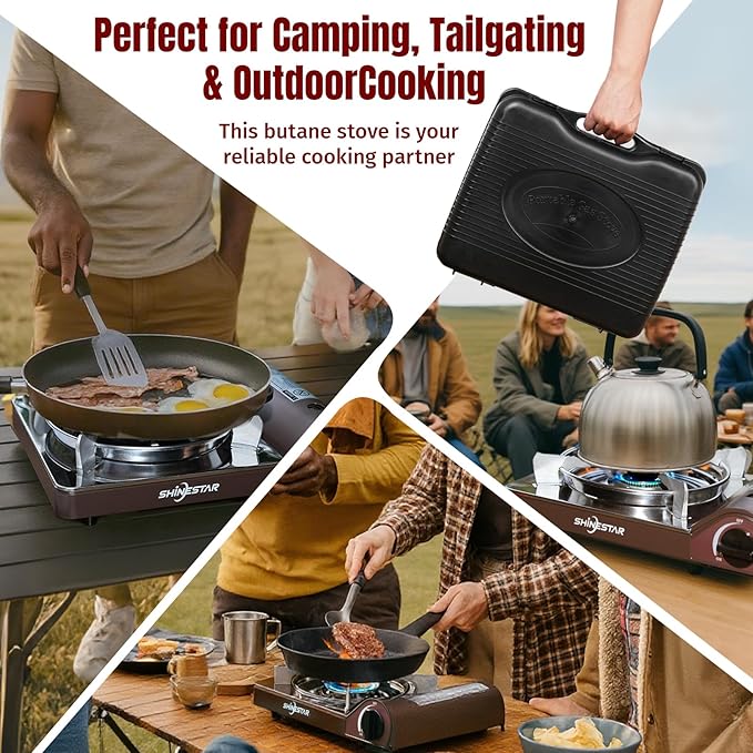 SHINESTAR 14000 BTU Butane Camping Stove, Portable Butane Stove with Brass Burner, One-Touch Piezo Ignition, Magnetic Safety Lock & Double Wind-Guard, Portable Gas Stove for Camping, RV, Emergencies