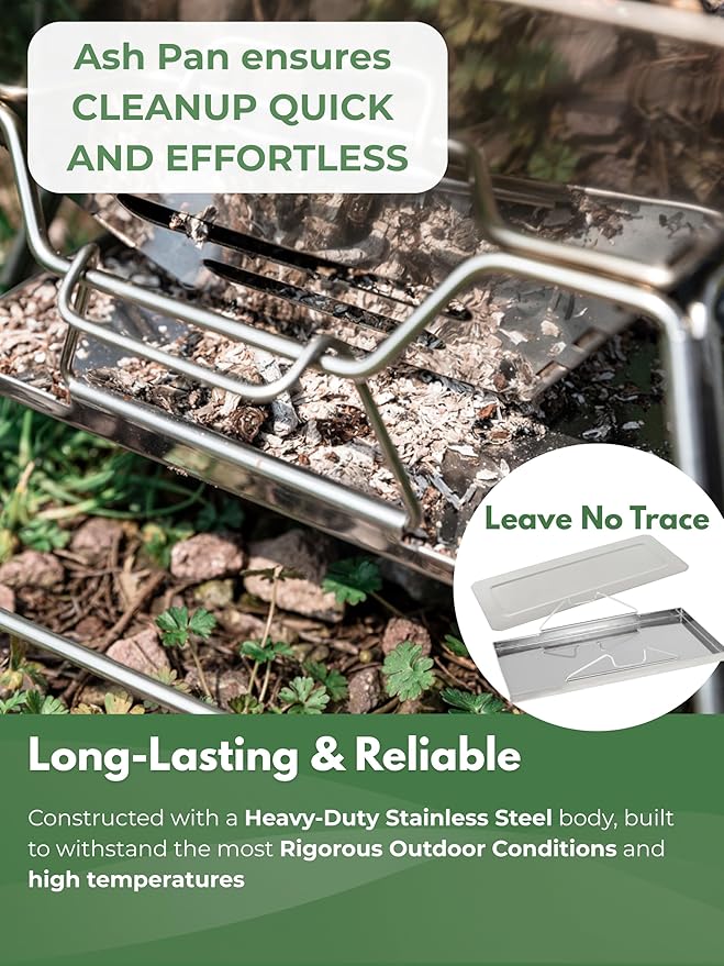 CAMPINGMOON Large Portable Campfire Fire Pit BBQ Grill Stainless Steel Foldable Collapsible Wood Burning Charcoal Grill for Heavy Duty Outdoor Cooking RV Camping, 20x13-inch, Carry Bag included MT-3