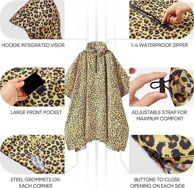 PTEROMY 3-in-1 Hooded Rain Poncho for Adult with Pocket, Waterproof Lightweight Unisex Raincoat for Hiking Camping Emergency