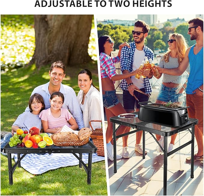 GDDGHS 2x1.3 FT Folding Camping Table Foldable Grill Table for Outdoor BBQ, Metal Portable Camping Grill Stand with Mesh Desktop, Adjustable Height Lightweight BBQ Tables Black