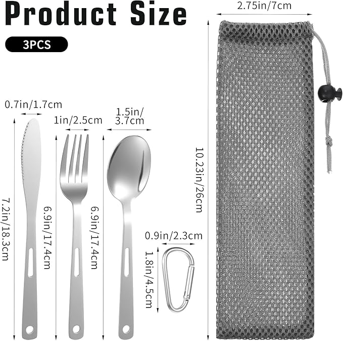 3PCS Camping Utensil Set with Carrying Bag, Stainless Steel Camp Flatware Ultralight Fork Knife Spoon Camping Cutlery Set for Outdoor Picnic Hiking Backpacking Travel