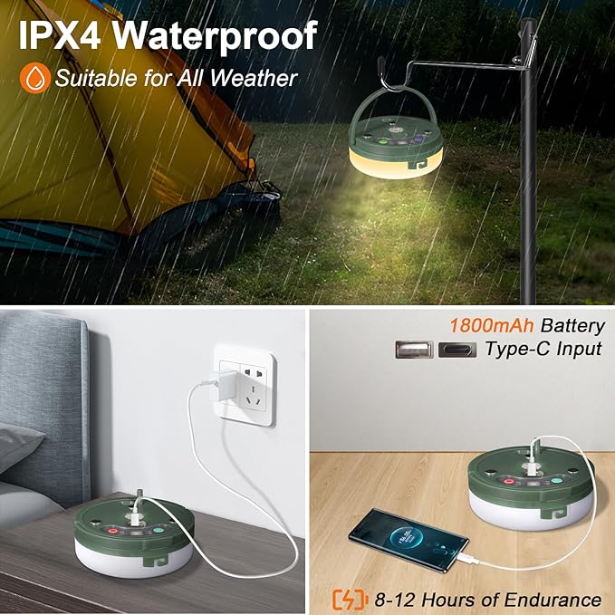 HELESIN Camping Light USB Rechargeable Waterproof Portable Stowable String Light, 4 in 1 Camping String Lights Outdoor with 8 Modes Tent Lights for Camping, Hiking, Yard, RV (Warm Light)