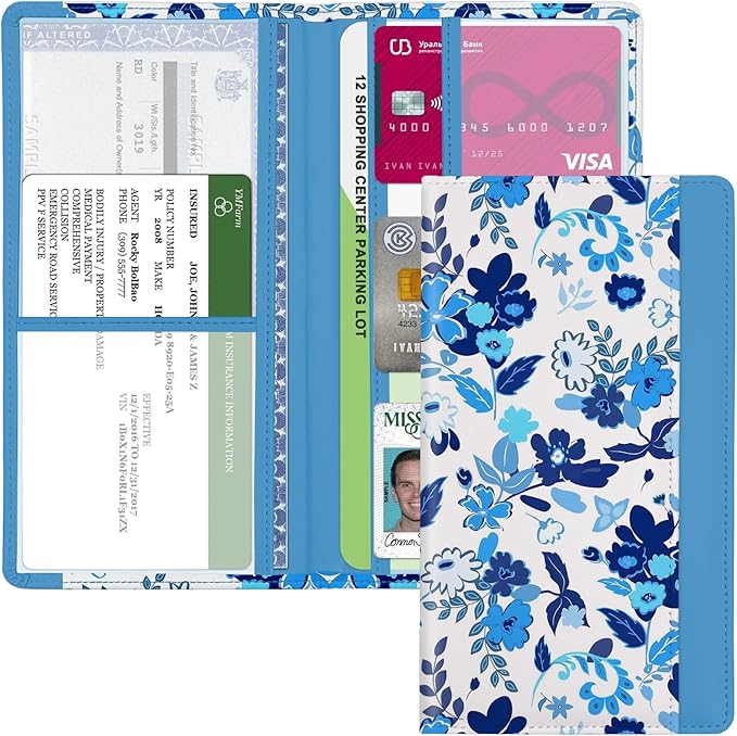 Car Registration and Insurance Holder, with Magnetic Closure for License, Cards and Documents, All Vehicle Needs and Car Accessories (Flower-Blue)