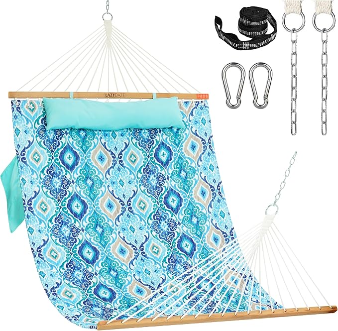 Lazy Daze Hammocks 2 Person Double Quilted Fabric Hammock with Spreader Bar, Detachable Pillow, Side Pocket, Carabiners, Chains, Straps for Outdoor, 450lbs Capacity, Floral Auqa