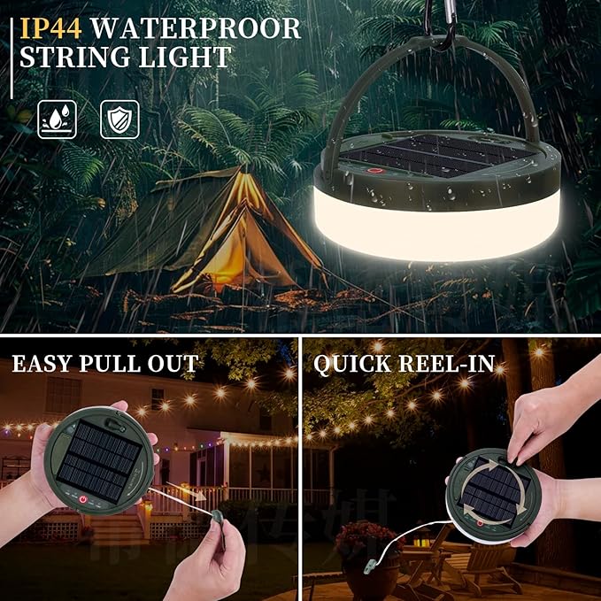 Solar Camping String Lights 130LEDs,33 FT Fairy Lights with 13 Lighting,Portable Waterproof 4 in1 Camping Lantern,Retractable Twinkle Lights for Outdoor Camping Gear Essentials Accessories