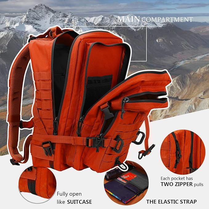 Hannibal Tactical MOLLE Assault Backpack, Tactical Backpack Military Army Camping Rucksack, 3-Day Pack Trip w/USA Flag Patch, D-Rings, Orange