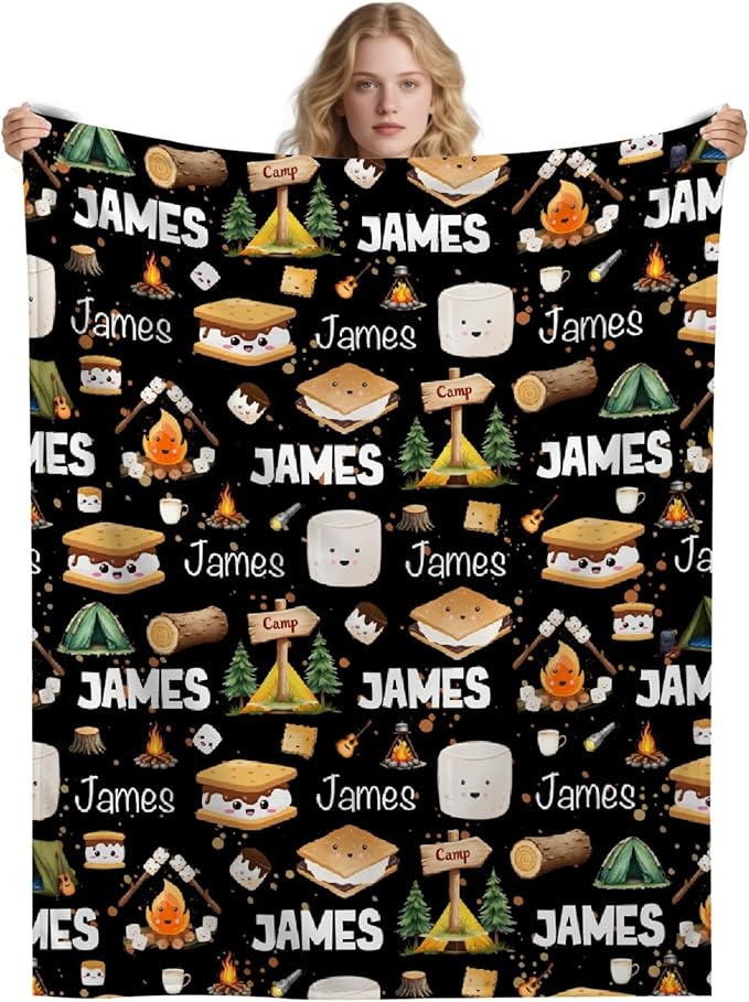 Custom Marshmallow Blanket with Name | Personalized Camping Blanket for Girls Boys | Ultra Soft Customized S'Mores Throw for Couch/Sofa/Travel/Camping Home Decor - 50"x60"-Teens/Travel Size