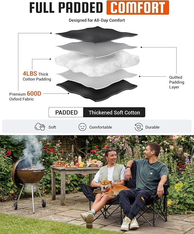 KingCamp Double Camping Chair, Oversized Heavy Duty 660lbs Loveseat for Adults Portable Folding XL 2 Person Couch Padded Comfortable Two Seat with Cup Holder for Outdoor Lawn Backyard, Black