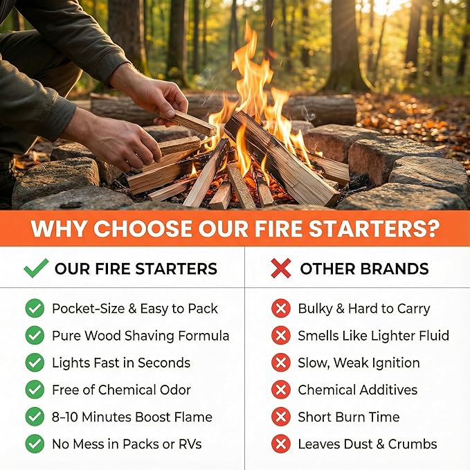 Natural Fire Starter Sticks: Quick Start Fire Starters for Grills Campfires Indoor Fireplaces Outdoor Firepit BBQ & Wood Stove - Odorless Charcoal Firestarter Cubes 15 Count