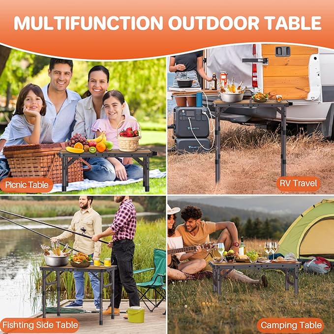 FUNYKICH 2ft Small Folding Camping Table(22.8'' Lx15.7'' W), 3 Height Adjustable Portable Picnic Table, Lightweight Aluminum Outdoor Table with Carry Handle for Camping, BBQ, Beach, Picnic, Brown