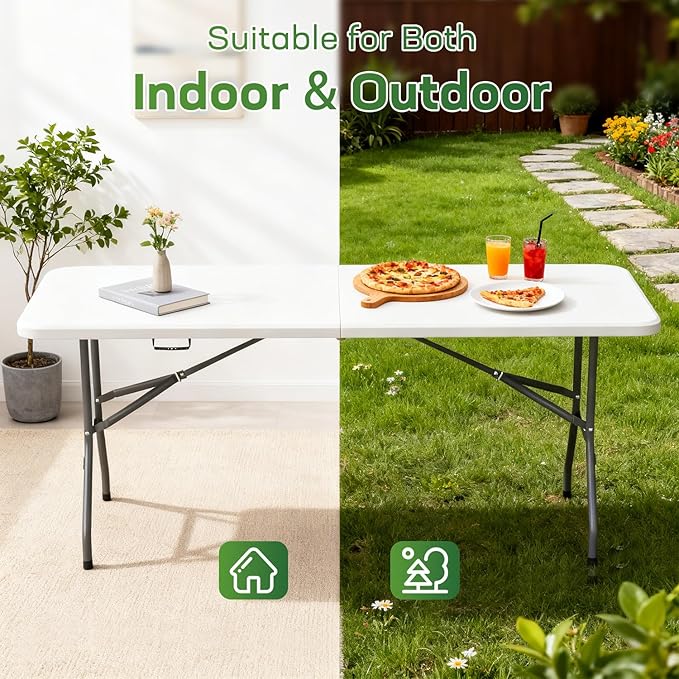 FDW 6 Foot Folding Table, Portable Plastic Table with Carrying Handle Perfect for Indoor, Outdoor, Party, Dining, Wedding, Events, Camping, White