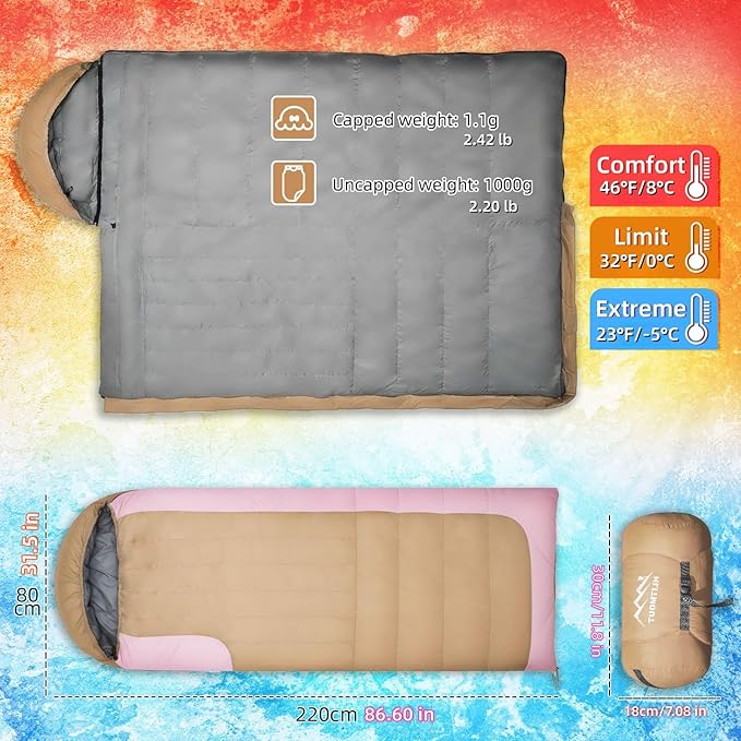 3-in-1 Down Sleeping Bag for Adults with Detachable Hood, 32°F 45°F Rectangular Lightweight Down Blanket Sleeping Bag for Camping Hiking and Backpacking Outdoor and Indoor 4 Season