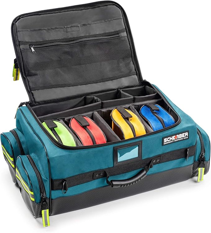Scherber First Responder O2 Bag | Ultimate Professional EMT/EMS Trauma Oxygen Kit | Durable Reflective 600D Water Repellant Bag w/10+ Compartments, Zippered Pockets, Dividers & Padded Strap XL - Blue