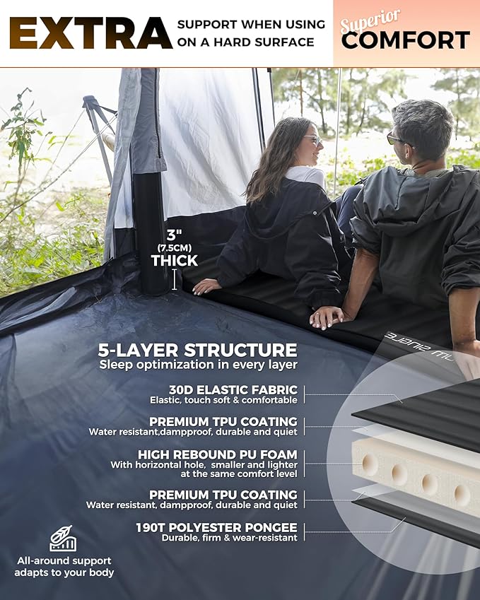 KingCamp PREMIUM SINGLE Self Inflating Sleeping Pad, 7.5 R-Value Air & Foam Camping Mattress, 3" Thick Insulated Sleeping Pad with Pump Sack for Car Camp Tent, PVC Free, Single Black