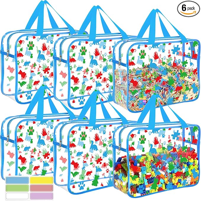 6 Packs Large Toy Storage Bags with Labels, Reusable Clear PVC Storage Bag, Travel Waterproof Organizer Bags (Blue-cute pattern)
