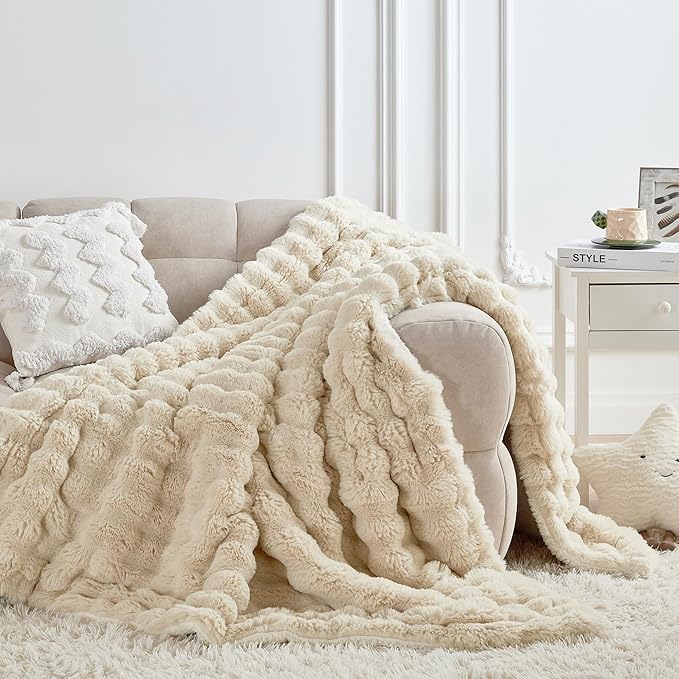 50x60 Inches Ultra-Soft Fuzzy Faux Fur Plush Throw Blanket - Thick, Warm Sherpa for Couch, Sofa, Bedroom, Camping - Decorative Blanket for Cozy Warmth, Bubble Khaki