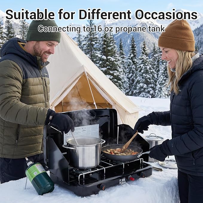 FineFlame Camping Stove, 2 Burners Propane Portable Camp Stove with Regulator, Push-Button Instant Ignition, Adjustable Burners & Wind Guards for Car BBQ Picnics Outdoor Cooking(13000BTU)