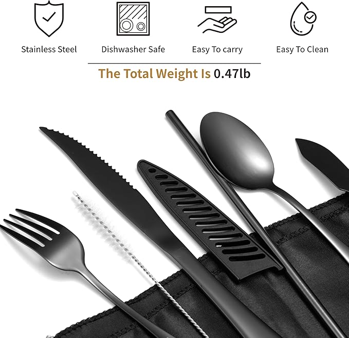 Travel Utensils with Case, Portable Travel Silverware Set Stainless Steel Lunch Box Cutlery Set for Work, Camping, Picnic, Hiking, Office (Black)