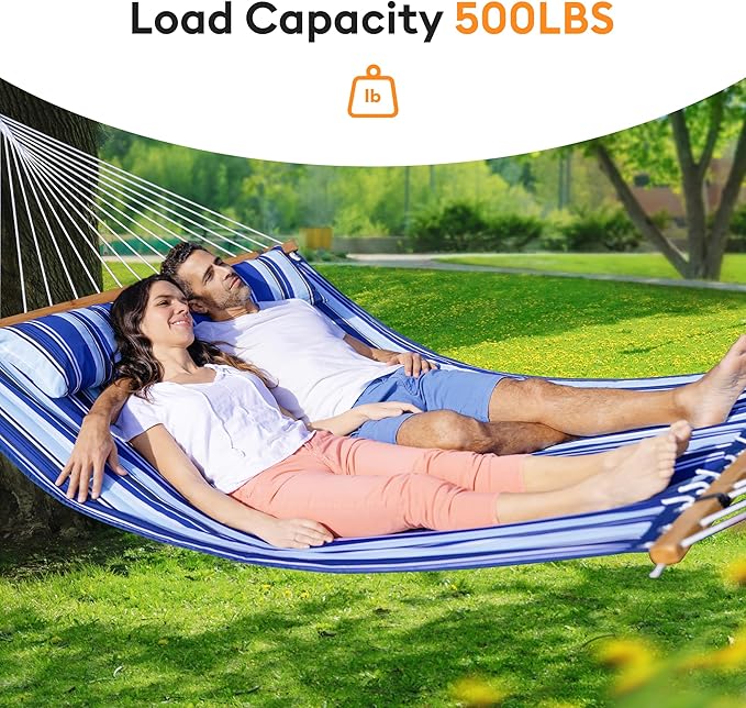 Everyfun Double Hammock with Spreader Bar,Soft Pillow,Max Load 500lbs,Portable Hammock for Outdoor,Camping,and Backyard,Blue