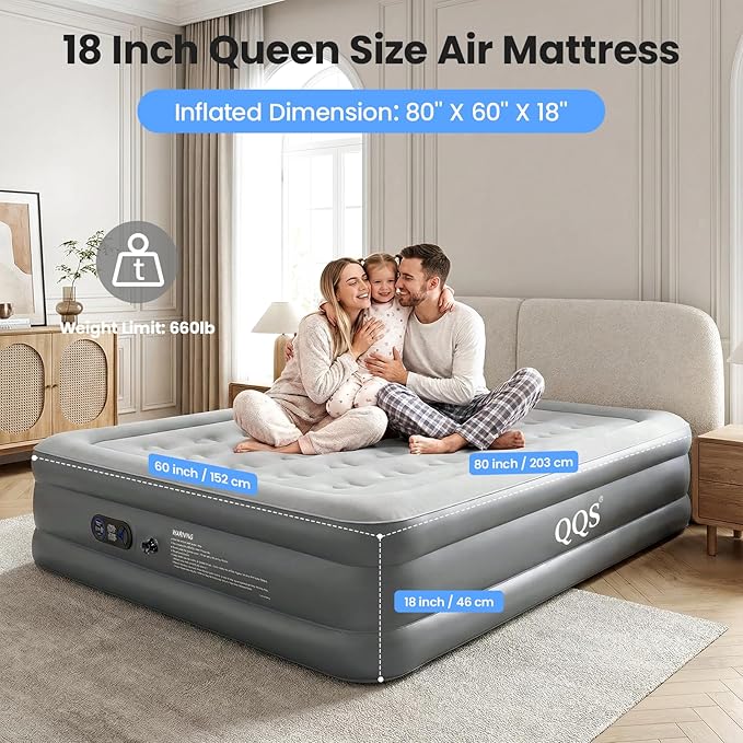 Air Mattress Queen with Built in Pump, 18'' Raised Inflatable Bed, 660lb Support Blow Up Mattress, 3 Mins Quick Self-Inflating for Home, Guest & Camping