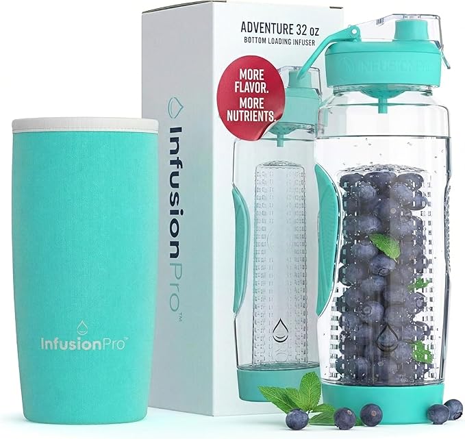 Infusion Pro 32 oz Fruit Infuser Water Bottle with Insulated Sleeve & 50 Recipe Infused Water eBook : Bottom Loading, Large Water Infuser for More Flavor : Unique Gift Idea