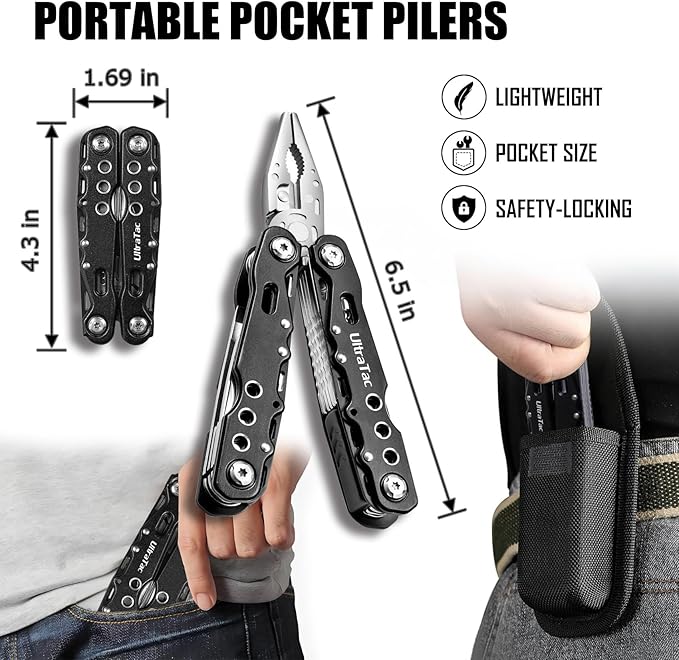UltraTac Military Grade Multitool Gift Set for Men, Compact Survival Kit for Car Emergency, Birthday or Holiday Gift for Man, Pocket EDC Tools for Camping, Hiking & Quick Fixes - Stainless Steel