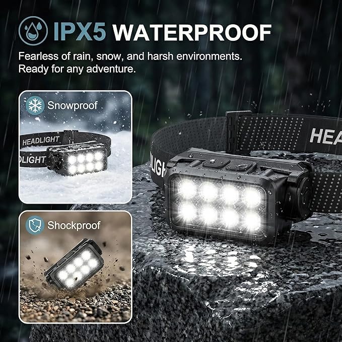 3 Pack Rechargeable Headlamp, 8 LED 1000 Lumens Super Bright LED Head Lamp Flashlight with Motion Sensor - Waterproof & Lightweight Headlight for Adults Camping, Running, Hiking, Fishing