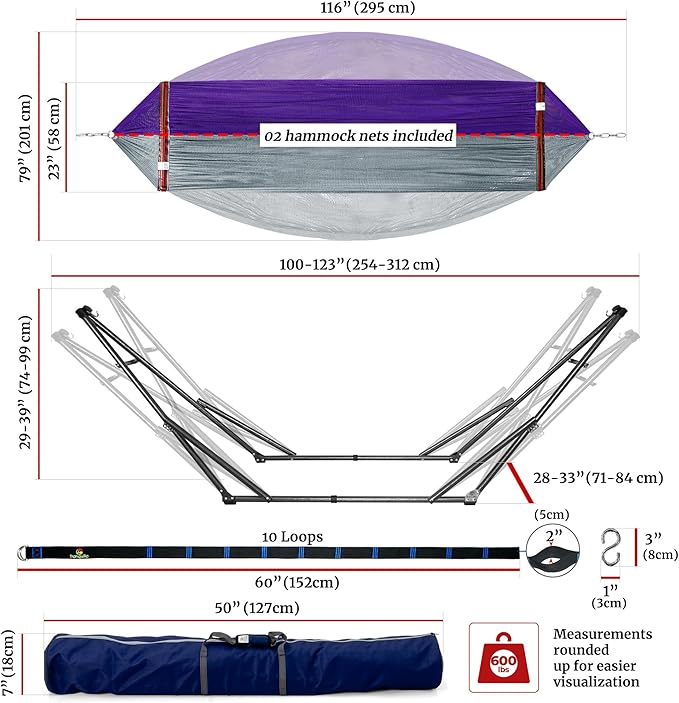 Tranquillo Combo x2 Hammocks with Stand for Outside & Tree Straps, Heavy Duty Hammock with Stand 600lbs for Indoor Outdoor Patio Backyard, x2 Hammocks for 2 Person (Combo - Purple, Medium)